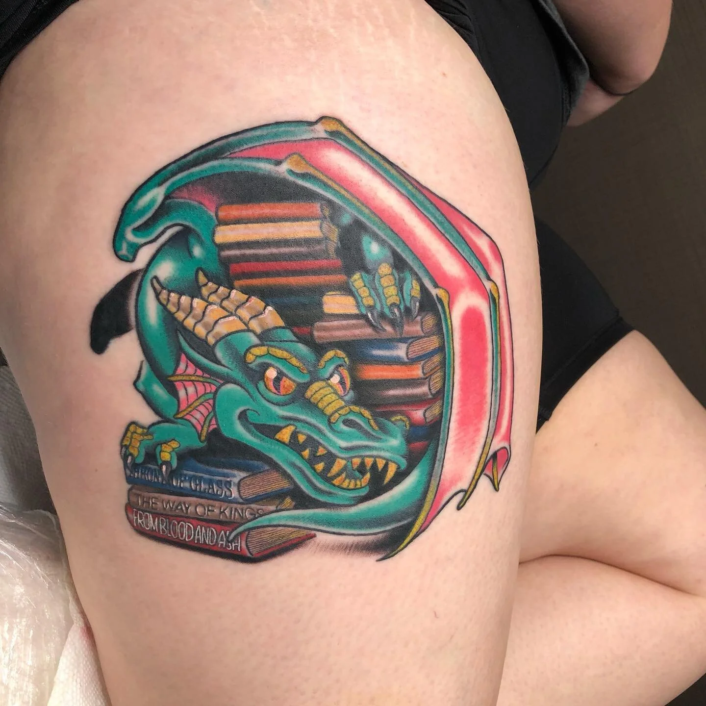 Some healed, some fresh on this dragon hoarding books piece i did. Super fun one!  #dragonhoardingbooks #dragontattoo #dragontattoos #dragon #tattoo #tattoos #booklover #fantasy #fantasytattoo #colortattoo