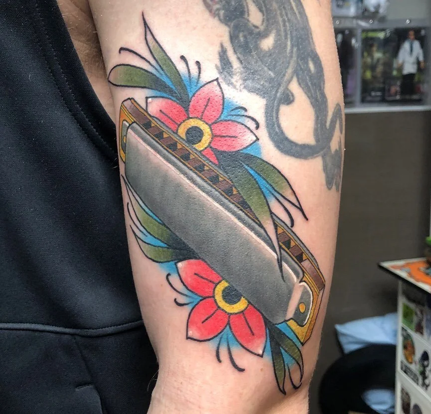 Fun harmonica I did.  #traditionaltattoo #harmonica #harmonicatattoo #blues #neotraditionaltattoo #tattoo #tattoos