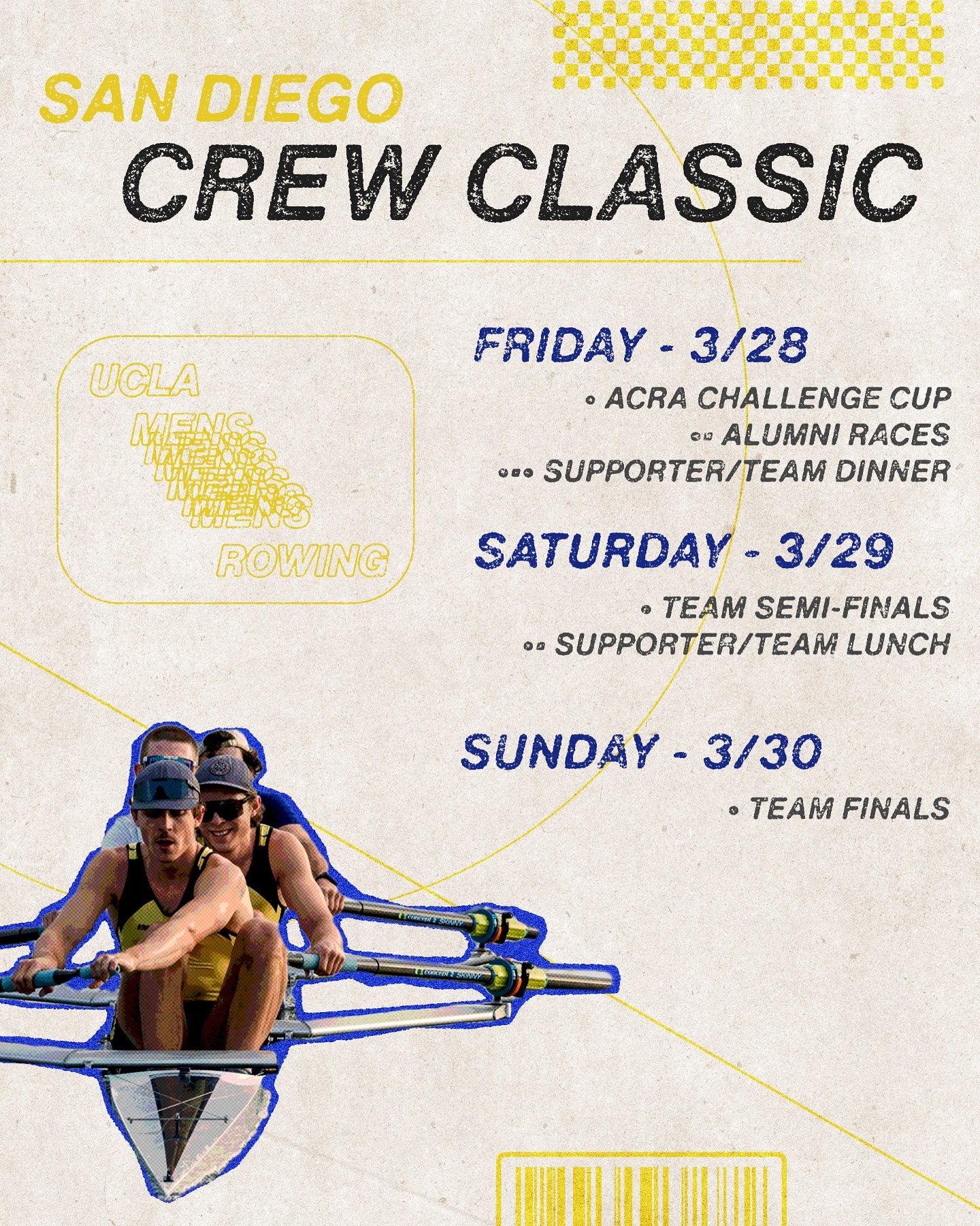 🚨Crew Classic Alumni/Friends/Family Info🚨

In lieu of the traditional banquet, we are gathering in San Diego this year to watch our athletes perform on the water. Please join us for a fun weekend of races, mingling, and food. 

Racing will take pla