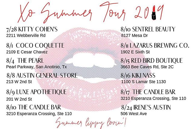 The AUGUST lineup is here for our Xo Summer Tour! Stop by your favorite spot and show us some summer lovin’! Book online plus walk-ins ALWAYS welcome! Xo 💋 #lipservicexo #customBEaUty #XoLipBar #crueltyFREE #nontoxicbeauty #XoSummerTour