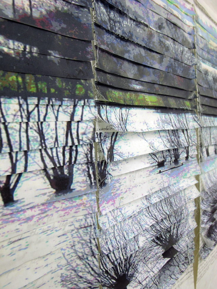 This is a detail and you can see the writing behind the slats of transferred fabric. It covers the social and economic history of the Somerset Levels and includes the political involvement last year during the flooding.