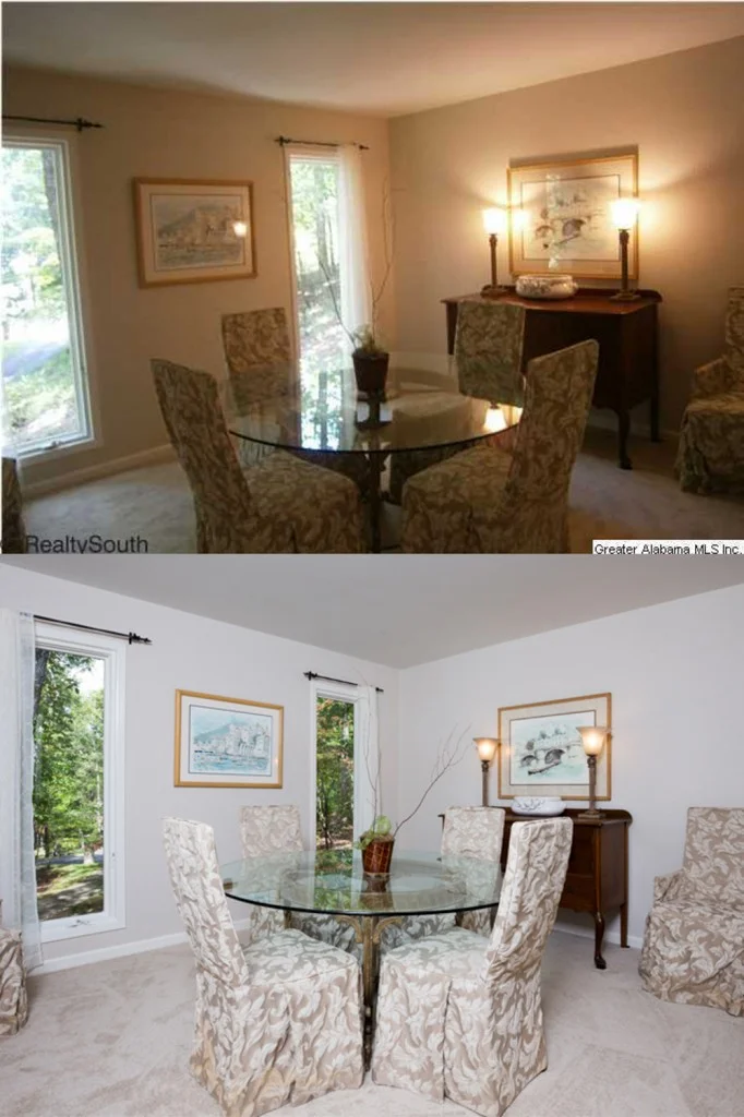 Agent photo top, my photo bottom - I bring in lighting equipment that allows me to brighten up the room without loosing the detail and color outside coming in through the windows. Cameras are fooled by the light through the window resulting in dark interiors. My use of manual exposures and supplemental lighting compensate for this.