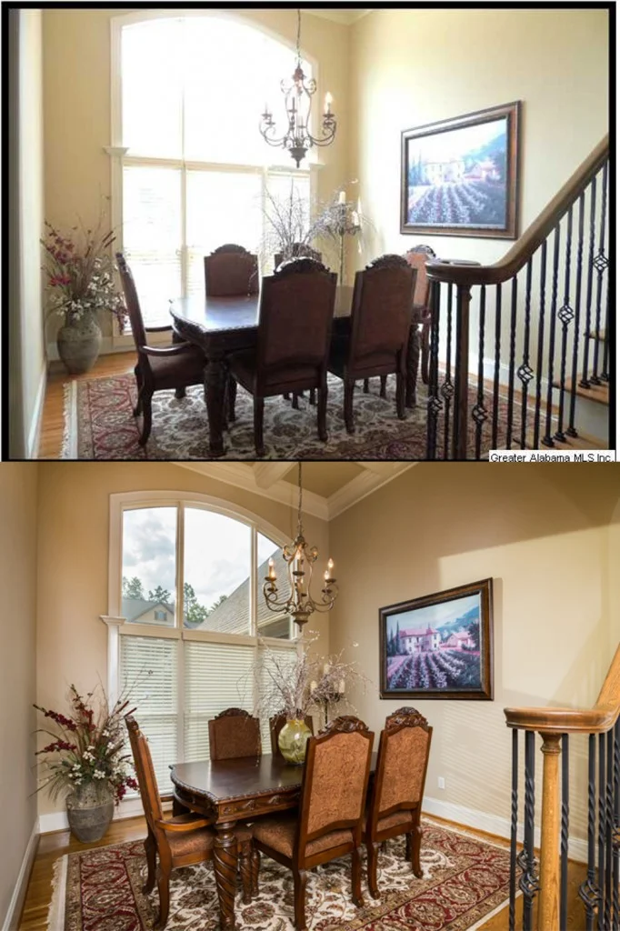 Agent photo top, my photo bottom - Rooms with large windows are tricky. They are hard to photograph because the camera is easily fooled by all the light coming in. The result is a room that's too dark. I used manual exposure control and strobes to prevent this from happening without making the windows too bright.