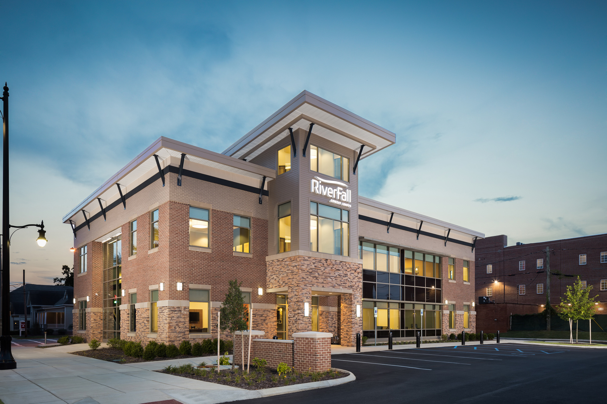 Twilight exterior of the credit union headquarters. Twilight shots can be compelling attention grabbers. They're one of my favorite shots by far.