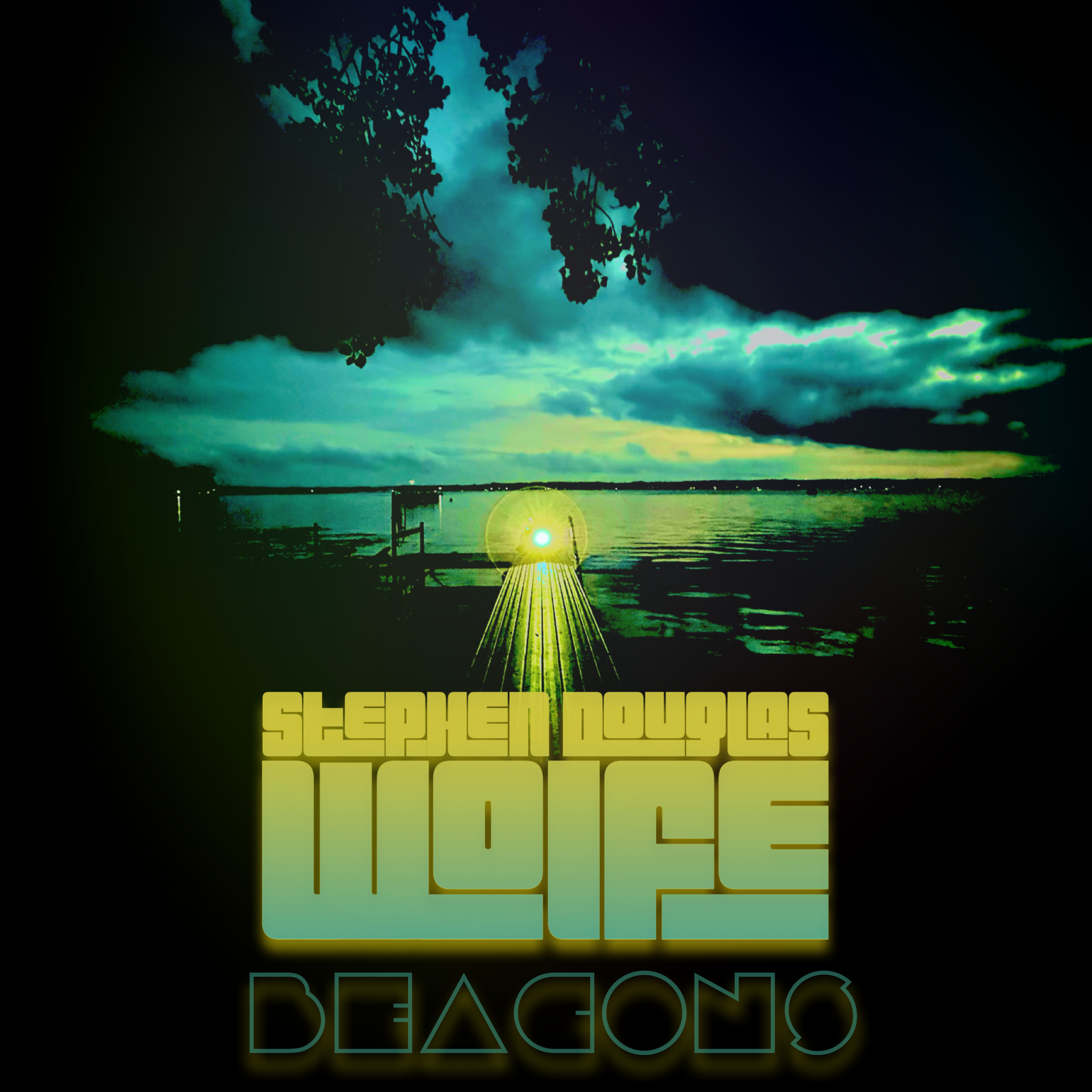 The image shows a sunset or sunrise over a body of water with a bright light in the center. The sky is partly cloudy, and the overall scene is dark with the words 'Stephen Douglas Wolfe' written in large yellow text and "BEACONS" in teal text