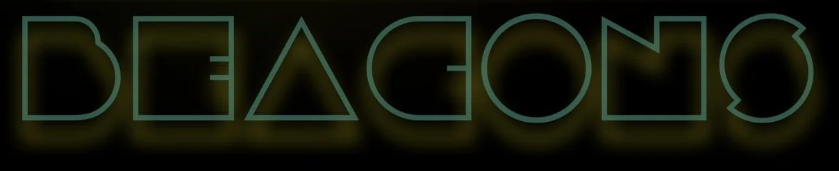 Neon sign reading 'BEACONS' with stylized letters