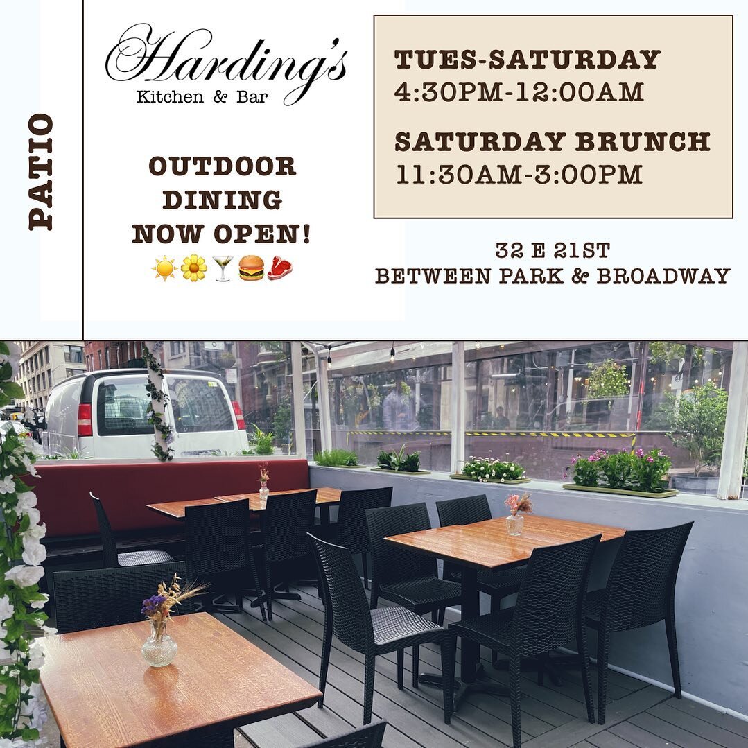 🌤️ Welcome the warmth! Harding's patio is now open for your enjoyment. Join us for a delightful evening Tuesday to Saturday, 4:30 PM - 12:00 AM, or soak up the Saturday sun with our brunch from 11:30 AM to 3:00 PM. 🌳🍹 #PatioSeason #NYCDrinks