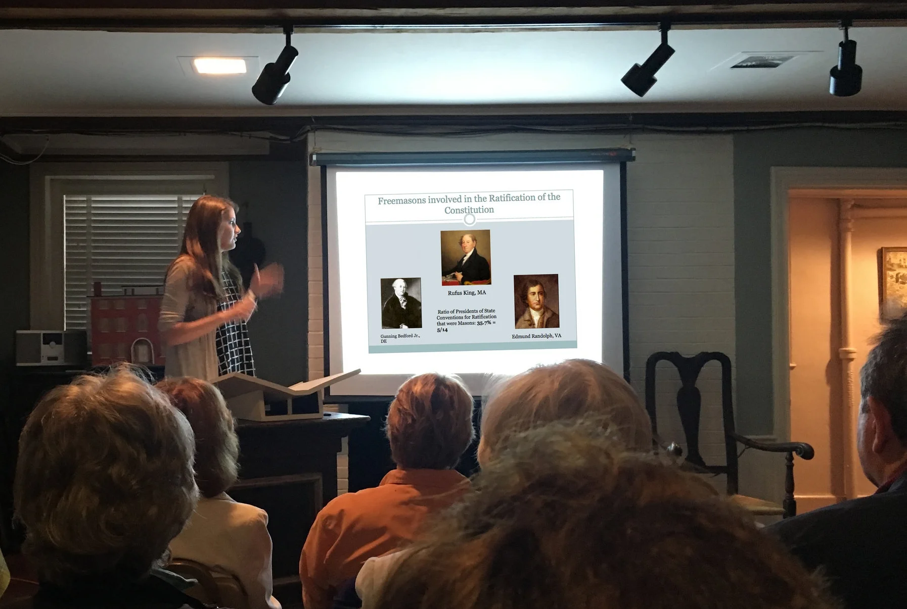 Lia Swiniarski, Governor's Academy class of 2017, presenting her research paper to the MOON about Masonic influence on the Constitution of the U.S.