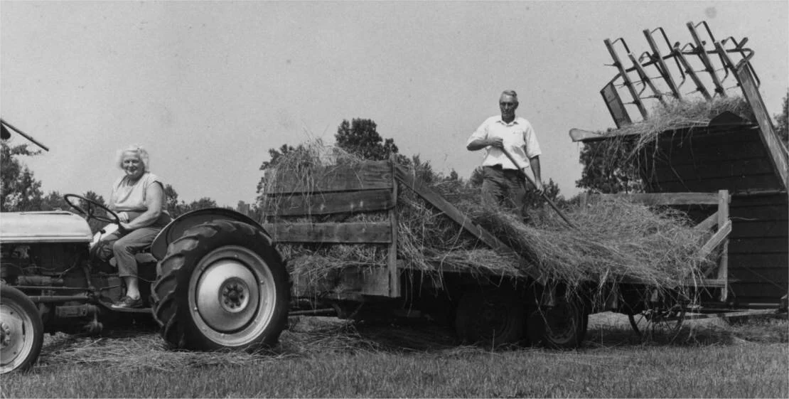Mary Page (Anderson) Poore and Howard Sumner Poore haying with the old tractor, 1970, and a close-up below. (Courtesy images.)