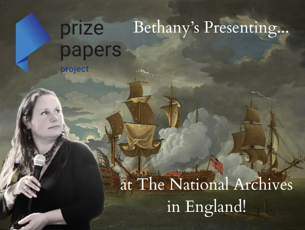 A collage with a background that is a painting of ships at battle at sea, Bethany Groff Dorau looking over her shoulder while giving a presentation with microphone in hand, and the Prize Papers logo.
