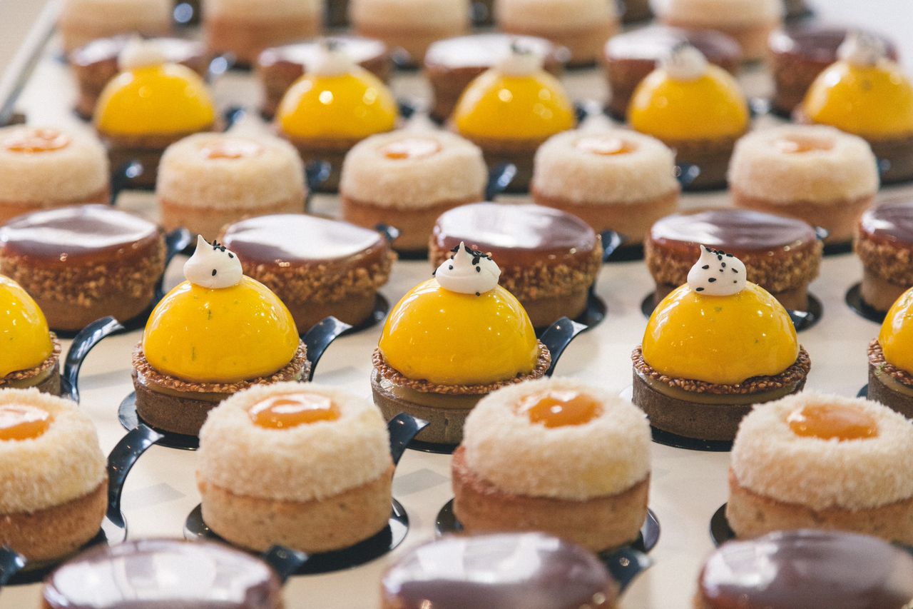 Mango coulis, citron crème pat, ganache, choux, a galette base: patisserie for the launch of the French edition of The Art of Baking Blind , La Meillure d'Entre Nous .