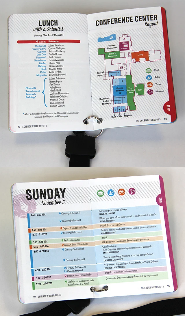 The "badge booklet" was a quick reference guide that included schedules, maps, guides and general conference information for the attendees. The booklet was worn around the attendees neck via a branded laniard and doubled as their name badge. The badge was designed and produced using variable data and a clever layout.