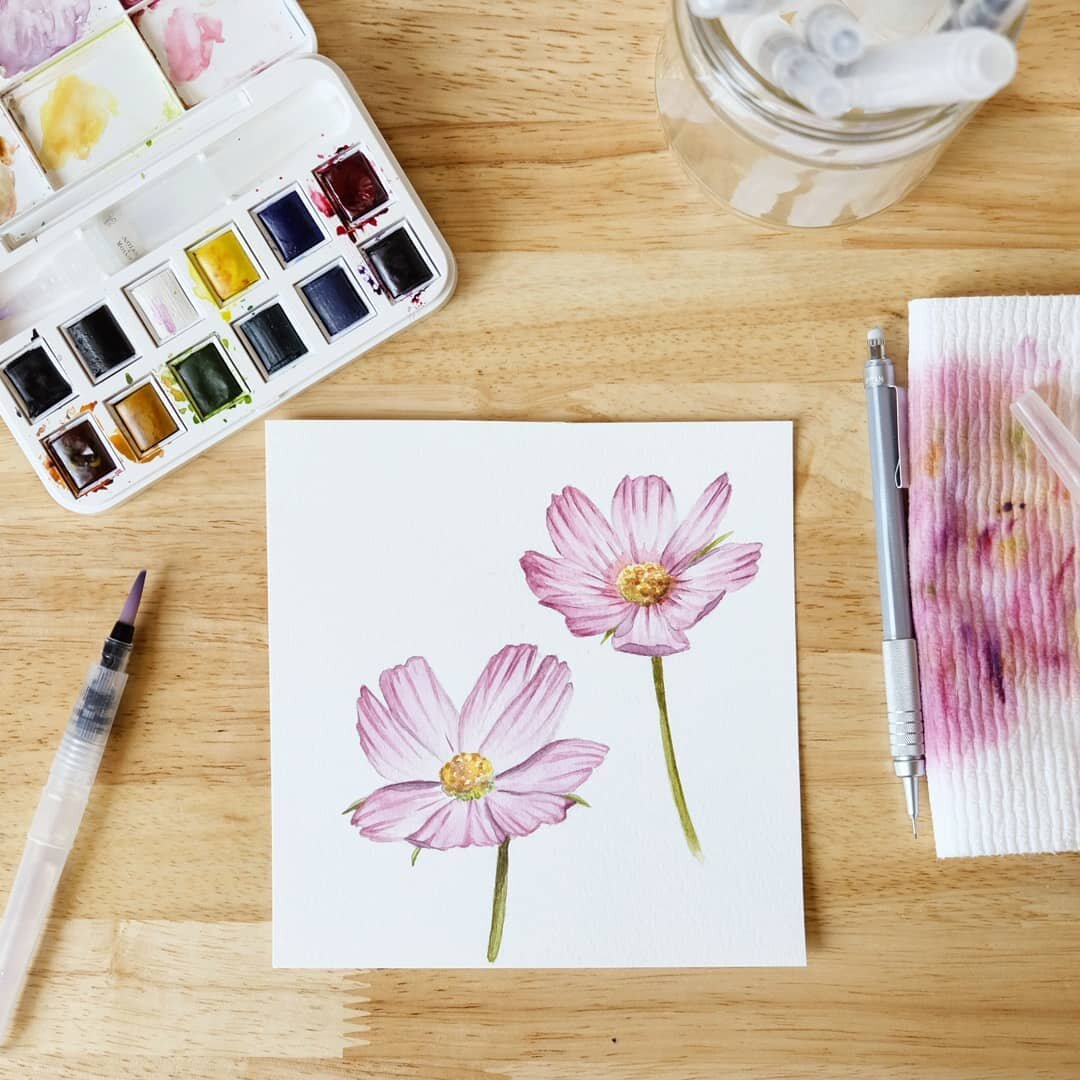 Such an exciting week! Tomorrow I'll be teaching a botanical watercolor workshop @thestevenscoolidgeplace then we're off on vacation! Here a study of cosmos flowers, freshly painted this morning.
\
Il y a de la fr&eacute;n&eacute;sie dans l'air! Dema
