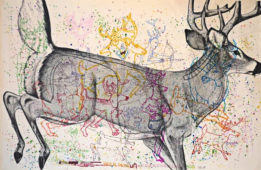 Heer Dear Run (2008) ink on vintage American shooting target paper 22.5” x 34” ( private collection )