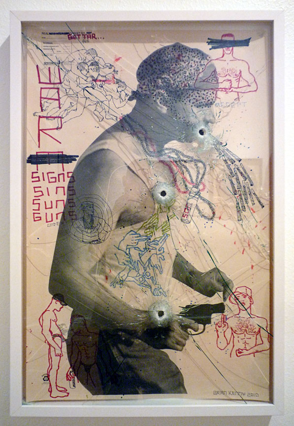 Warm Signs (2010) Ink on vintage American shooting target paper, museum white box frame with laminate glass. Shot three times with a 9mm handgun. 22.5” x 34" ( private collection )