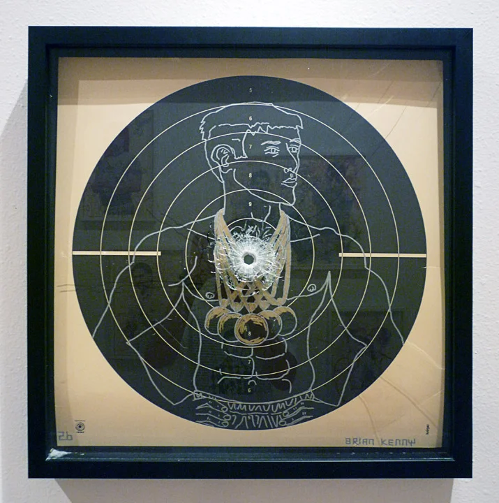 Boys Never Fail 1 (2010) Ink on Norwegian shooting target paper, museum black box frame with laminate glass. Shot once through with a 9mm handgun 25” x 25" ( private collection )