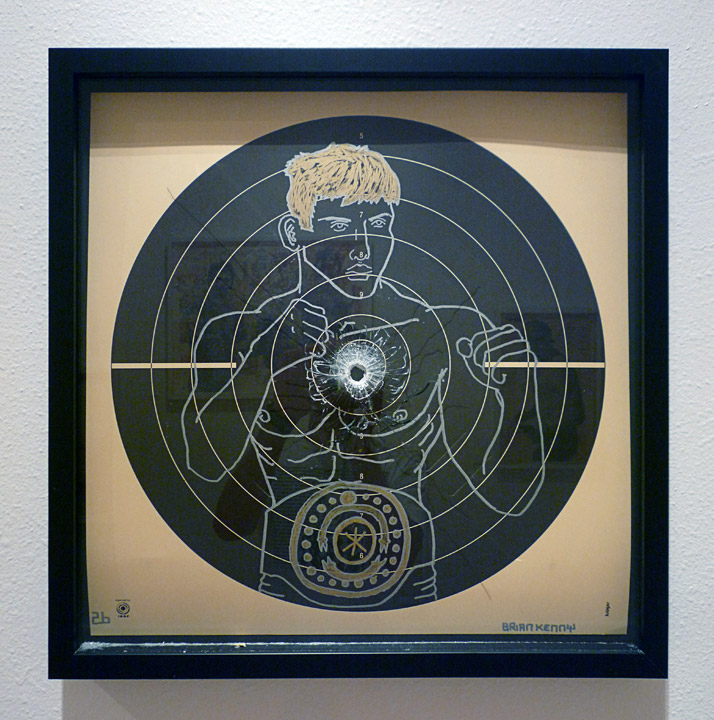 Boys Never Fail 3 (2010) Ink on Norwegian shooting target paper, museum black box frame with laminate glass. Shot once through with a 9mm handgun 25” x 25"( private collection )