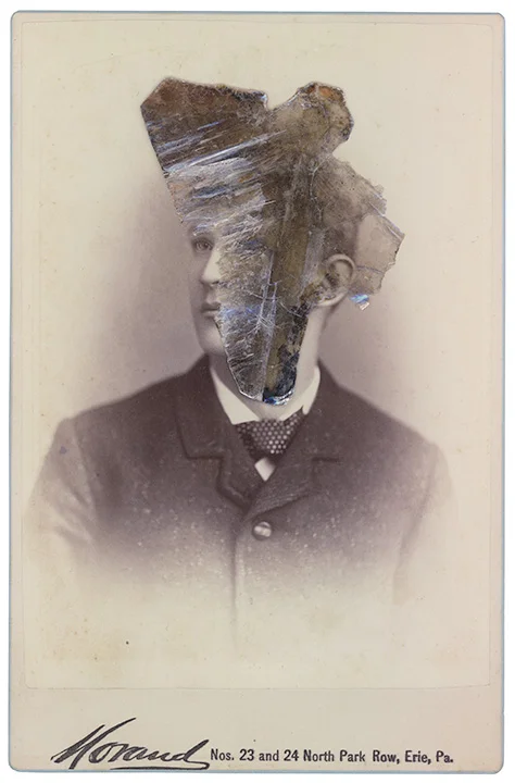 Mica Man 84
4.25 x 6.5 inches
Mica collage on found vintage photograph