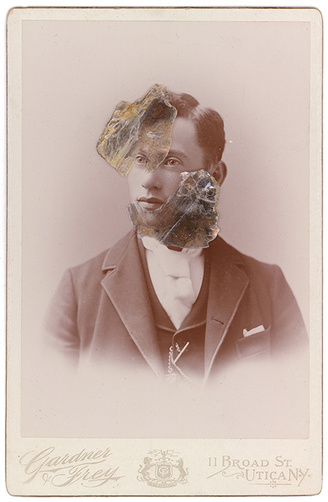 Mica Man 69
4.25 x 6.5 inches
Mica collage on found vintage photograph