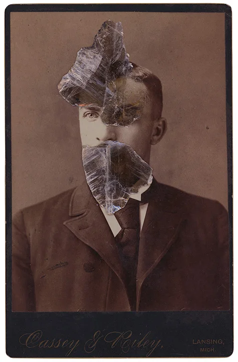 Mica Man 68
4.25 x 6.5 inches
Mica collage on found vintage photograph