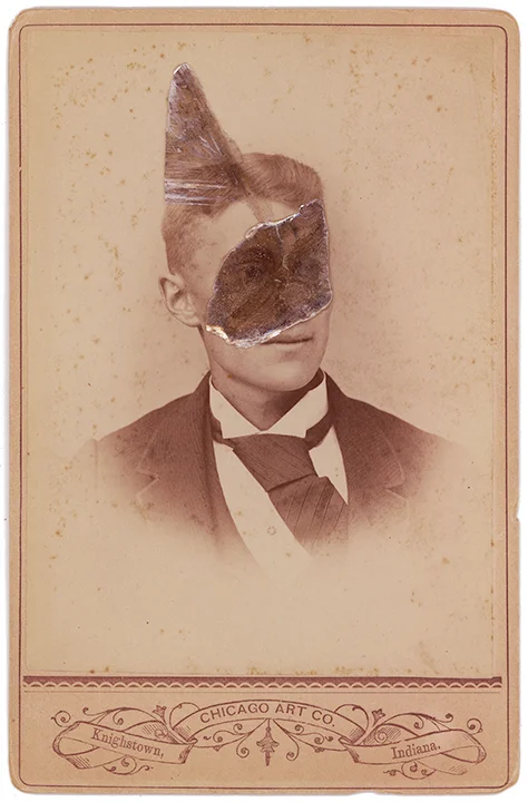Mica Man 66
4.25 x 6.5 inches
Mica collage on found vintage photograph