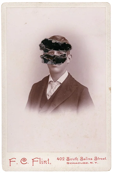 Mica Man 71
4.25 x 6.5 inches
Mica collage on found vintage photograph