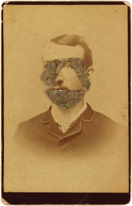 Mica Man 17 (2011)
4.25 x 6.5 inches
Mica collage on found vintage photograph
(private collection)
