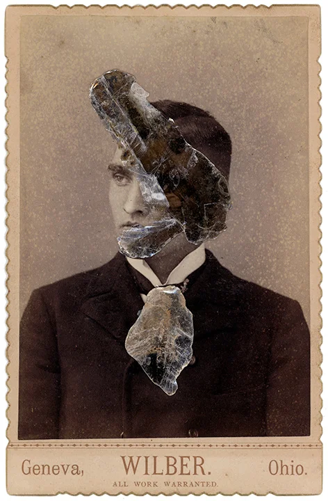 Mica Man 60
4.25 x 6.5 inches
Mica collage on found vintage photograph