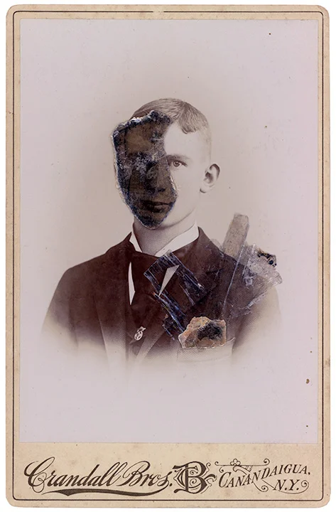 Mica Man 57
4.25 x 6.5 inches
Mica collage on found vintage photograph