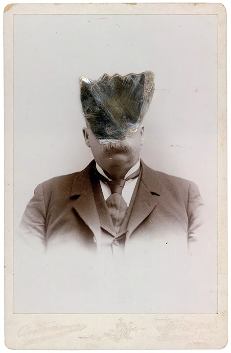 Mica Man 55
4.25 x 6.5 inches
Mica collage on found vintage photograph