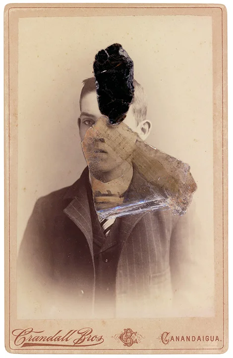 Mica Man 65
4.25 x 6.5 inches
Mica collage on found vintage photograph