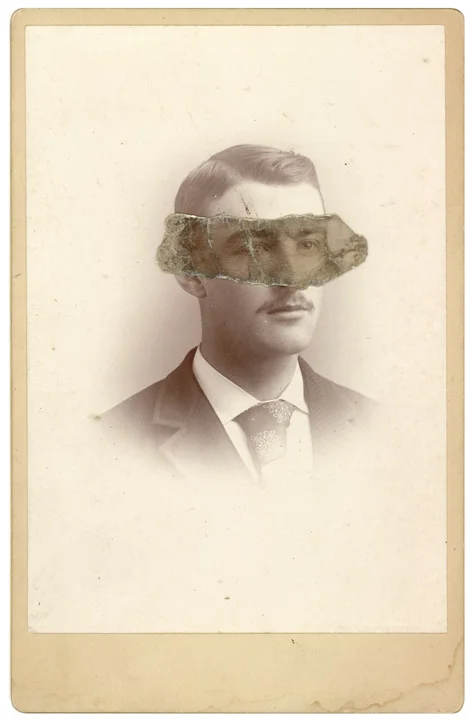 Mica Man 4 (2011)
4.25 x 6.5 inches
Mica collage on found vintage photograph
private collection