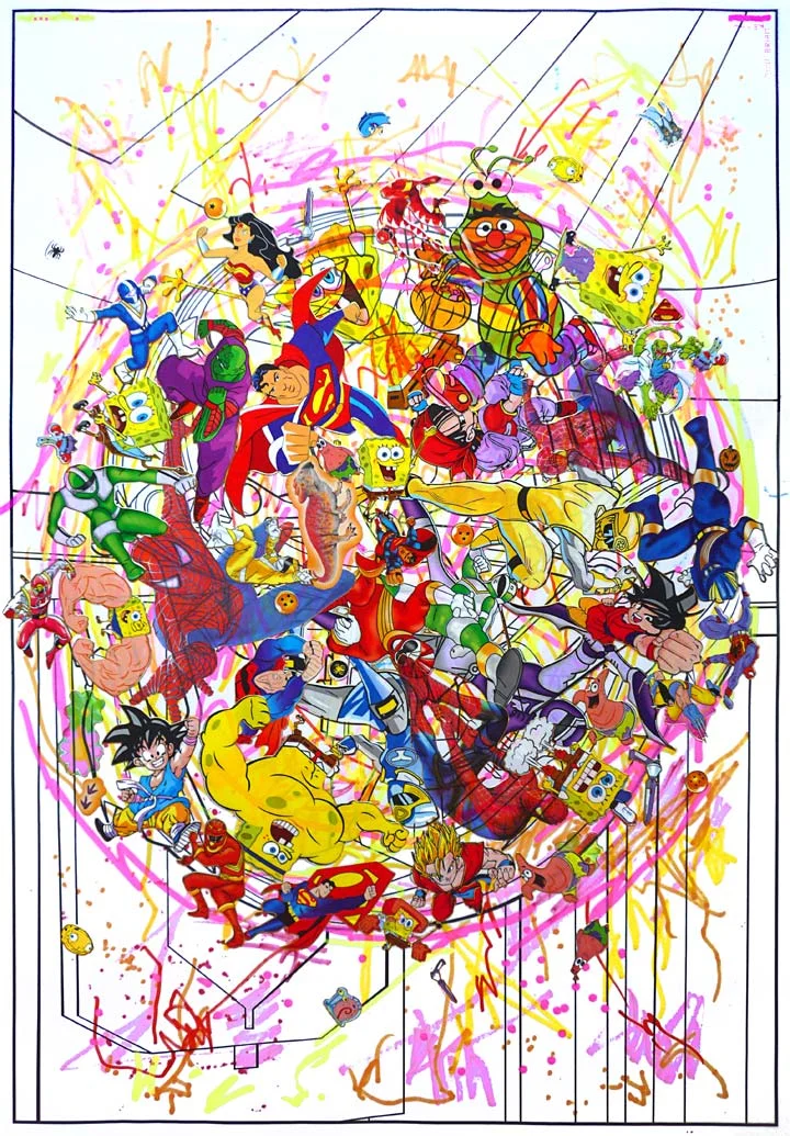 Hero Bomb (2010) Ink and stickers on paper 13 x 19 inches (private collection)