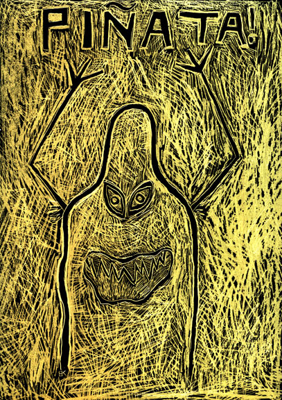 Pinata Engraving on gold foil scratchboard 5" x 7"