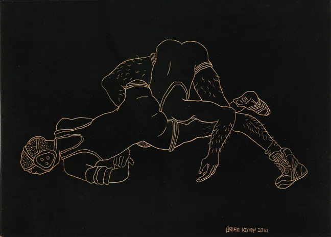 Wrestlers 3 Engraving on copper foil scratchboard 5" x 7"
