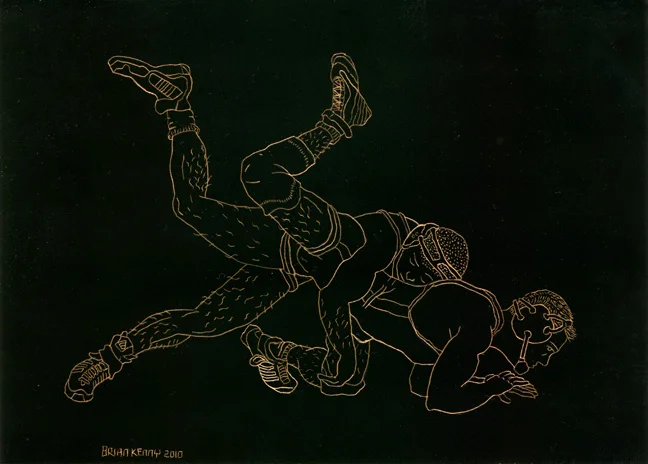 Wrestlers 4 Engraving on copper foil scratchboard 5" x 7"