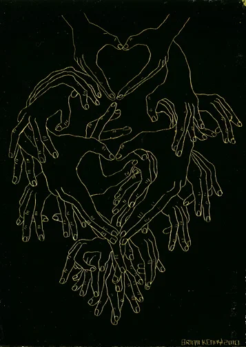 Love Hands Engraving on gold foil scratchboard 5" x 7"