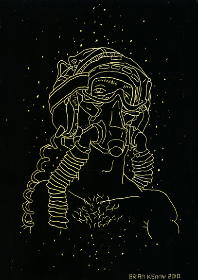 Space Mask Engraving on gold foil scratchboard 5" x 7"