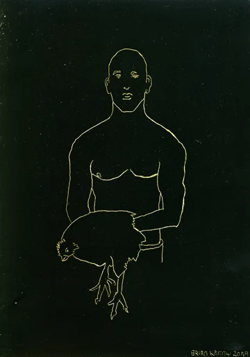 Rooster Boy Gold Engraving on gold foil scratchboard 5" x 7"