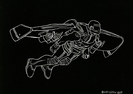 Jet Man Engraving on Glow-in-the-dark scratchboard 5" x 7"