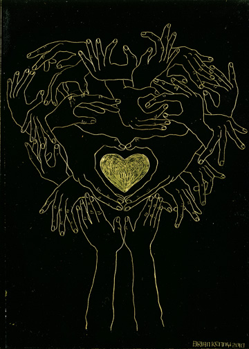 Hands are Heart Engraving on gold foil scratchboard 5" x 7"