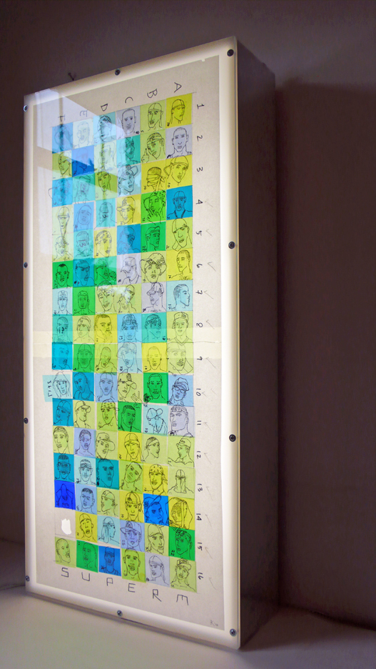 95 Go Go Go Boys (2007) ink and and plastic on paper, wooden lightbox, plexi frame frame 36 x 16 x 8 inches ( private collection )