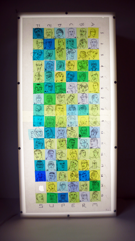 95 Go Go Go Boys (2007) ink and and plastic on paper, wooden lightbox, plexi frame frame 36 x 16 x 8 inches ( private collection )