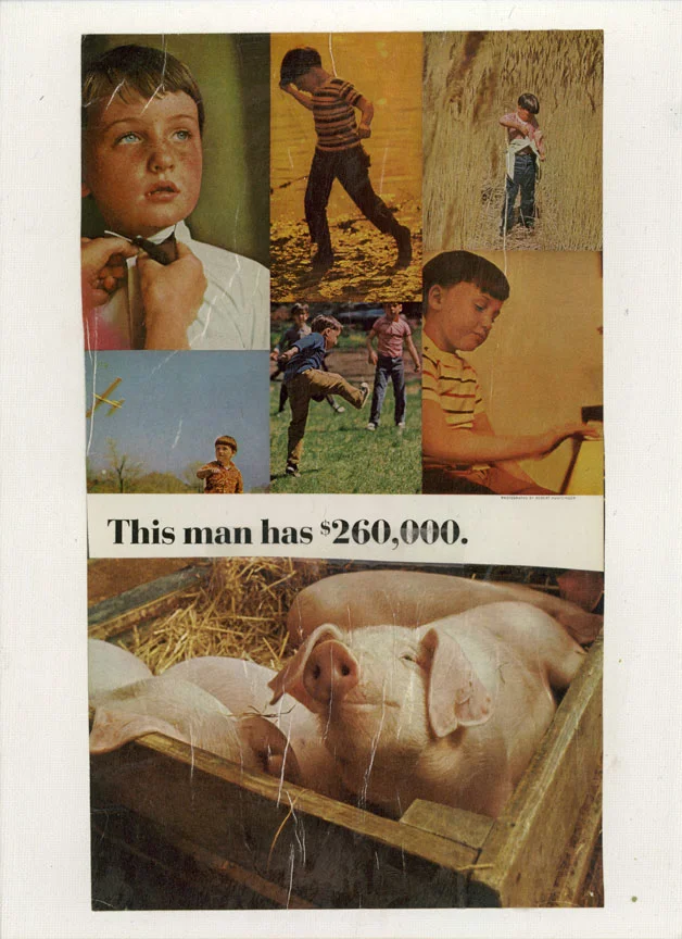 This Man has $260,000 (2007) collage on canvas panel 9 x 12 inches