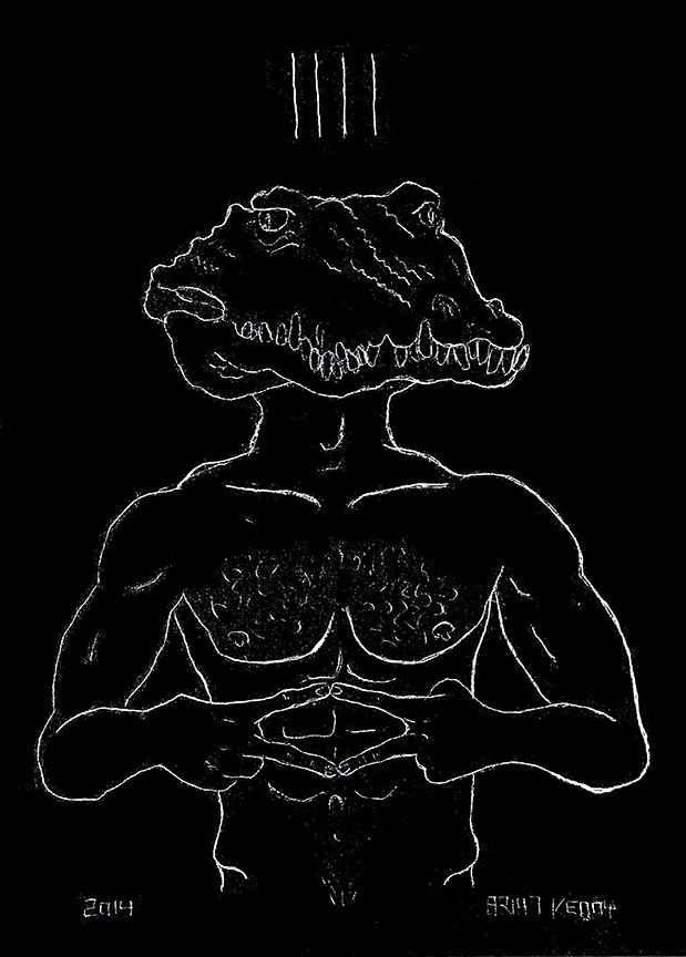 4, Crocodile (2014) engraving on silver foil scratch board 5 x7 inches