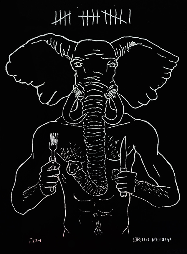 16, Elephant (2014) engraving on silver foil scratch board 5 x7 inches