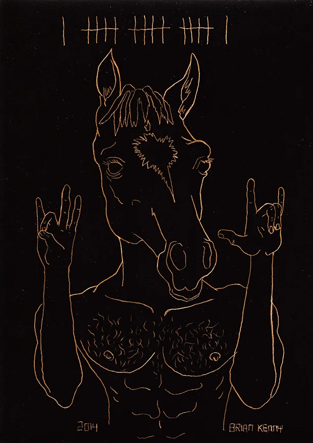 17 , Horse (2014) engraving on copper foil scratch board 5 x7 inches