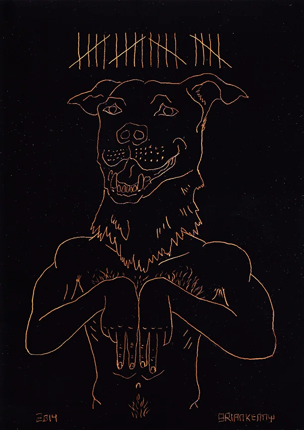 20 , Dog (2014) engraving on copper foil scratch board 5 x7 inches