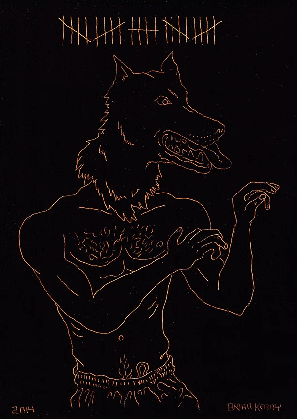 25, Dog (2014) engraving on copper foil scratch board 5 x7 inches