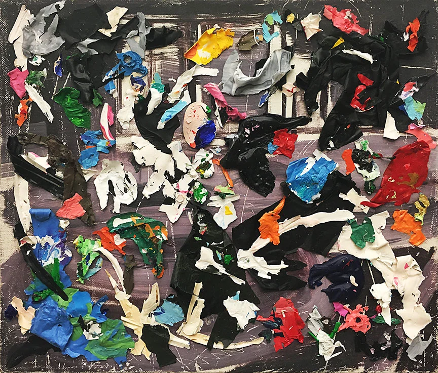 To it is through it (2016) acrylic collage on found canvas painting 14 x 12 inches